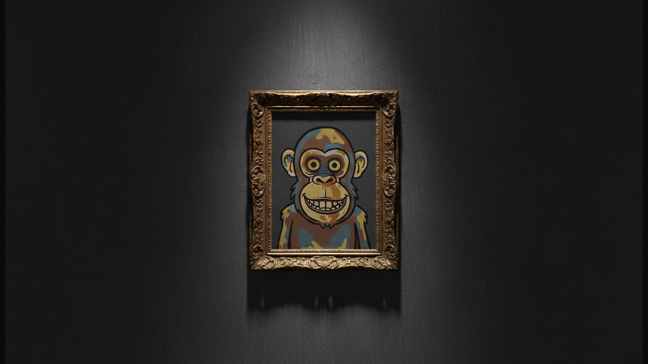 An ornate gold-framed cartoon ape painting hangs on a dark gallery wall, evoking the early-AI NFT era