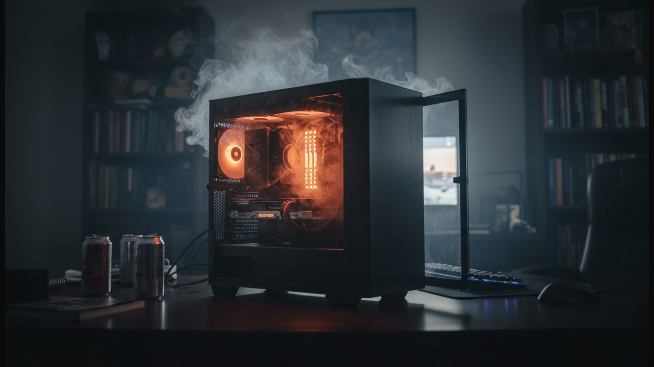 A high-end gaming PC on a desk at night with thick smoke pouring from its open side panel, lit by an orange glow from inside