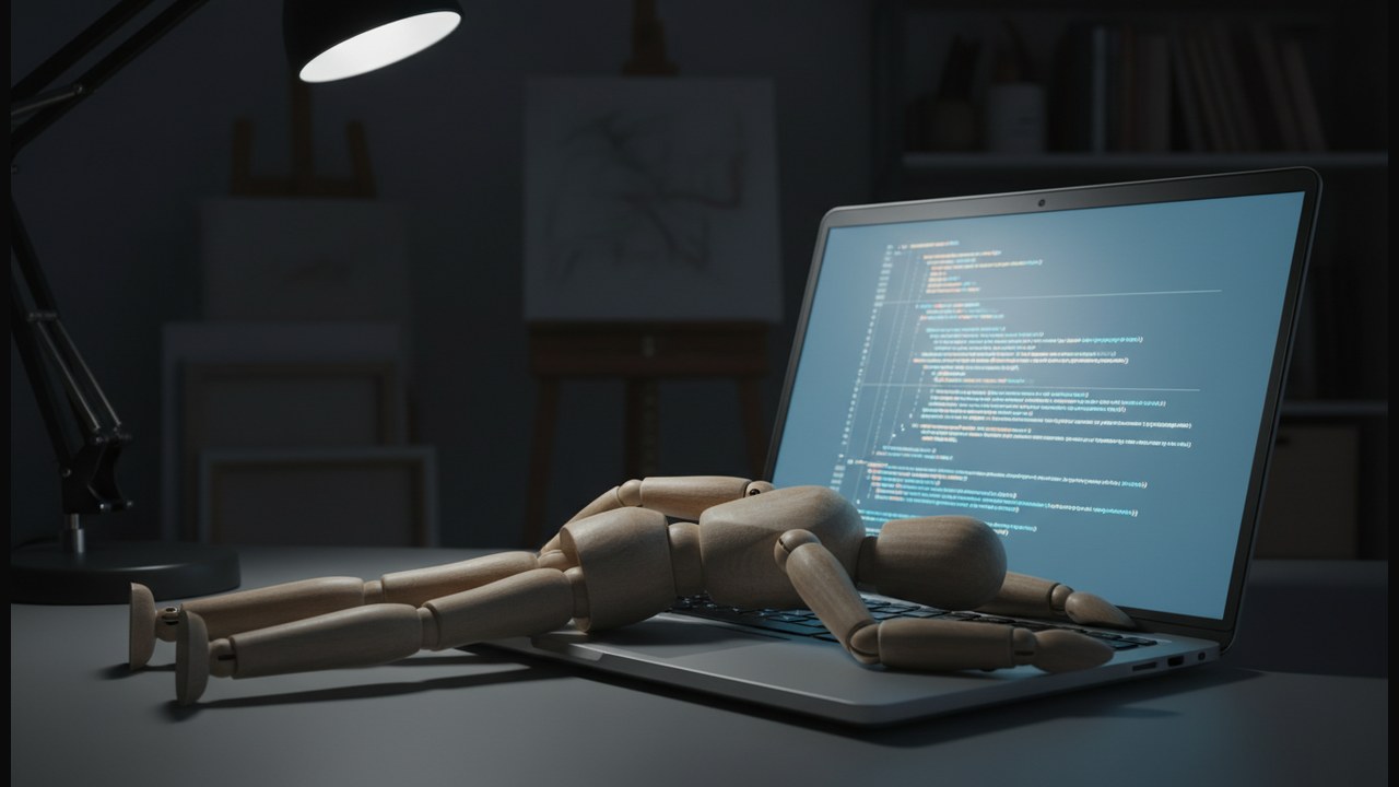 A wooden artist posing mannequin slumped face-down across a laptop keyboard, the screen glowing with abstract code, dim studio lighting