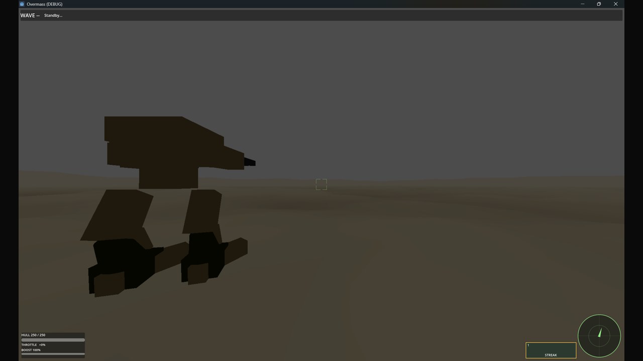 Overmass debug view: a single low-poly mech standing on a flat tan plain under a featureless gray sky, HUD reads WAVE -- Standby, HULL 250/250.