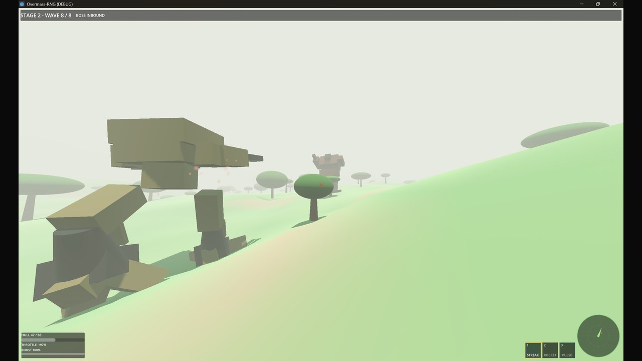 Overmass stage 2, jungle biome, boss wave. Stylized cap-shaped trees, mech approaching the canopy.