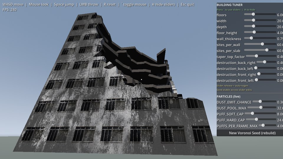 Rubble's building tuner: a single tall building mid-collapse with a chunk blown out of the back-right face, beside a sidebar of sliders for floors, width, depth, taper, and four destruction values.
