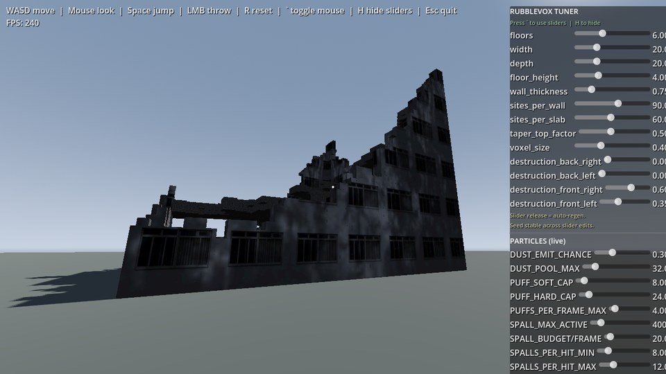 RubbleVox tuner showing a partially collapsed voxel building. Sidebar lists floors, width, depth, voxel_size, and four destruction sliders, with the front-right destruction at 0.60.