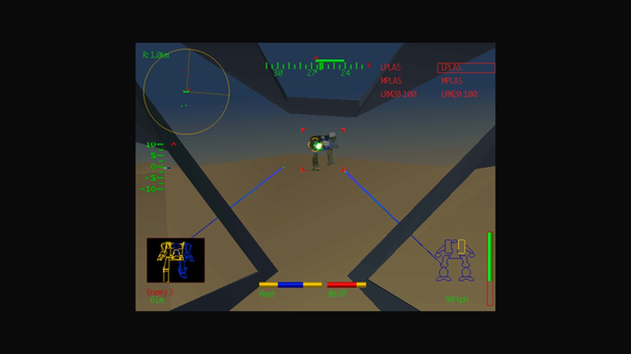 MechWarrior 2 (1995) in-game shot: cockpit HUD, low-poly mech rendered in mid-90s 3D, a target on a flat-shaded plain.
