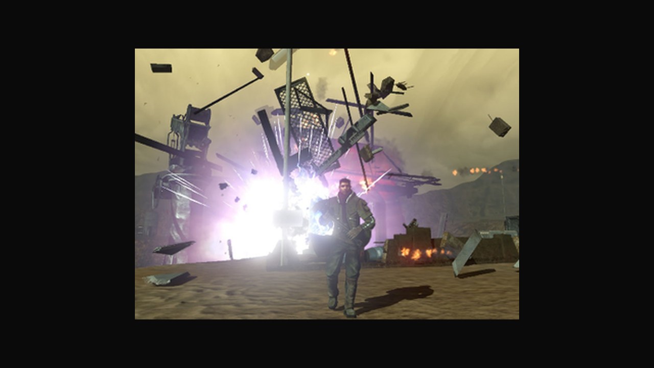 Red Faction Guerrilla in-game shot: a structure mid-collapse on Mars, debris cloud, the game's Geo-Mod 2.0 destruction tech demonstration. Image via Wikipedia.