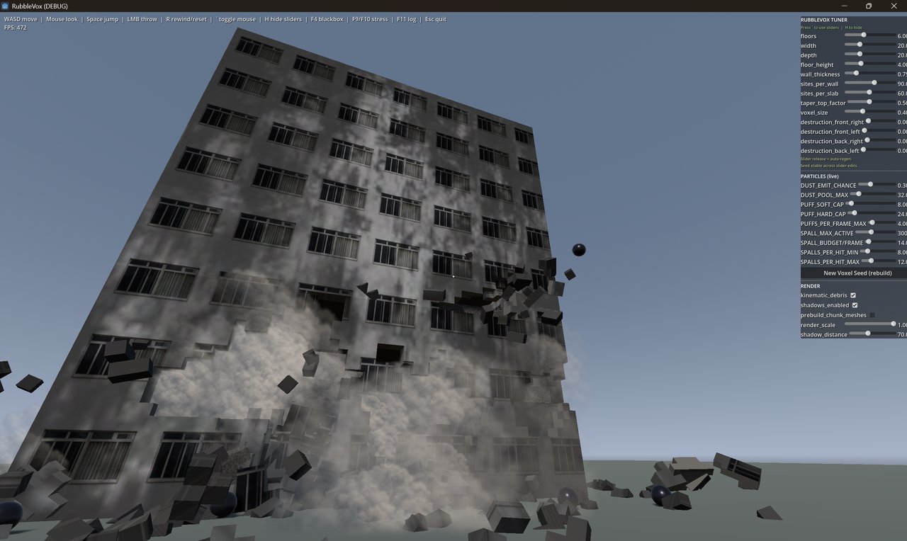 A grey, multi-story building simulation collapsing from destruction, with debris and dust particles, and a game UI on th