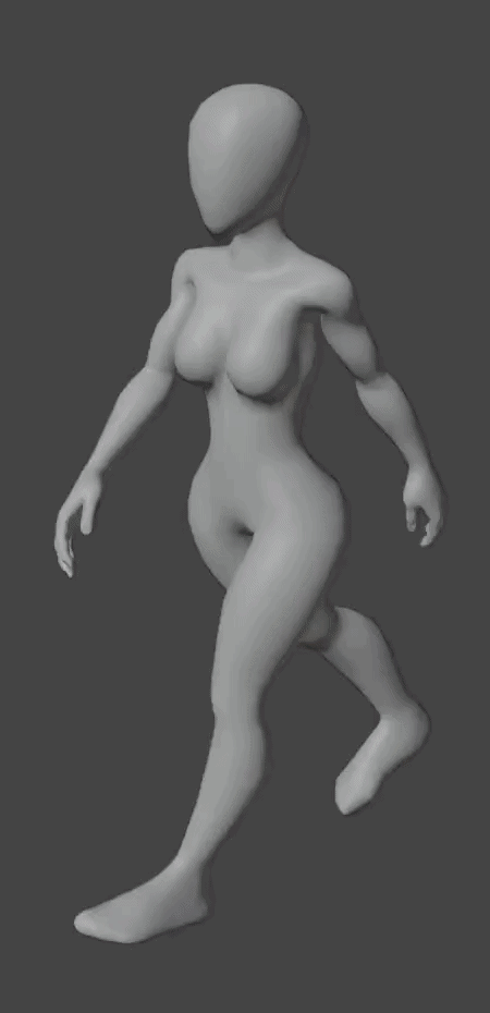 A gray 3D model of a faceless female character with exaggerated proportions performing a walking animation cycle against a simple geometric background.